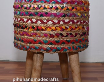Handmade Chindi Ottoman Footrest Stool, Chindi jute stool Traditional Cord Boho Pouffe Jute foot wood stool Home Décor Pouffe (35x35x43cm)