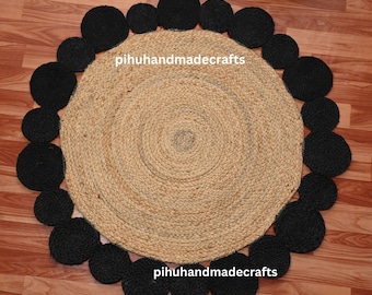 Hand Braided Black Jute Rug: Round Indoor Outdoor Area Rug