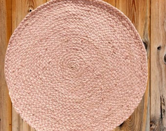 Handmade Baby Pink Jute Rug: Round Braided Area Rug