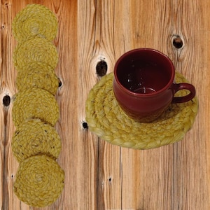 Handmade Jute Coasters: Round Yellow Dining Table Decor, Set of 4