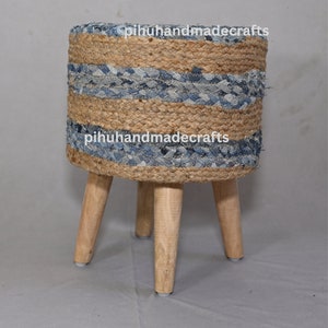 Handmade Denim & Jute Pouffe Ottoman Footrest Stool Handmade Traditional Cord Boho Pouffe Jute foot stool Home Décor Pouffe (35x35x43cm)