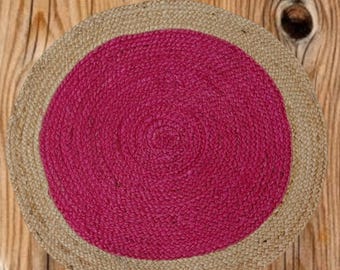Handmade Round Jute Rug: Bohemian Braided Area Rug, Pink & Golden