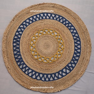 Hand Braided Round Jute Rug: Natural Fiber with Blue & Yellow Cotton Accents