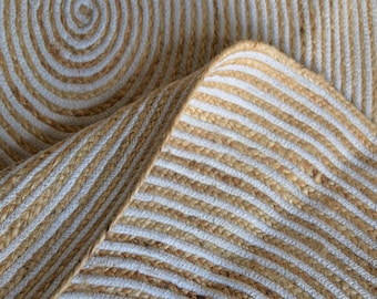 Hand Braided Round Jute Rug: White Cotton Accent, Custom Size