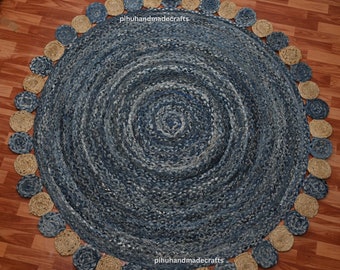 Hand Braided Denim Jute Rug: Blue Boho Round Area Rug