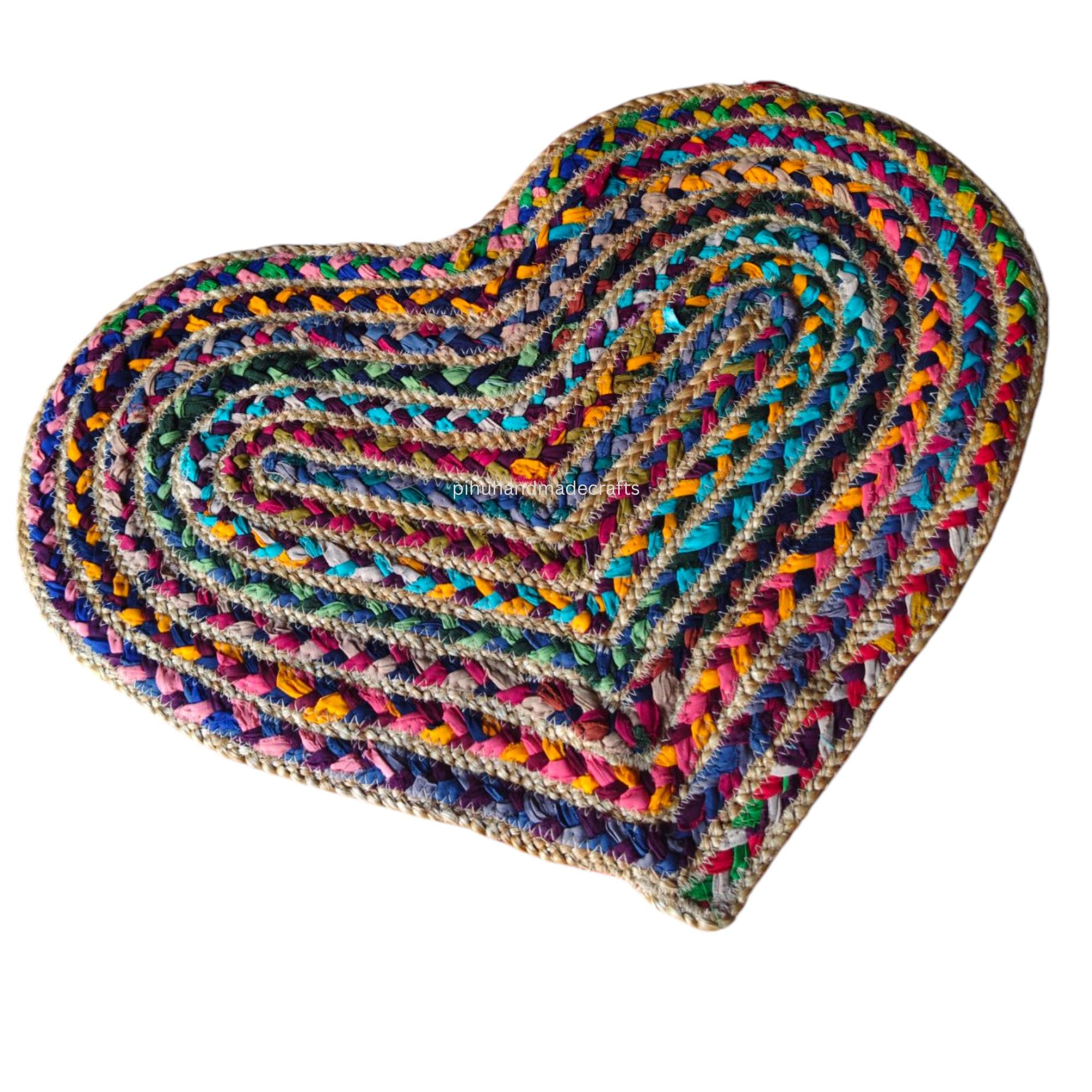 Heart Shaped Braided Jute Rug: Multi-color Cotton Chindi Area Rug