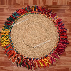 Alfombra redonda de yute trenzada a mano: algodón chindi, multicolor, tamaño personalizado