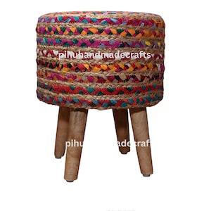 handmade pouffe chair, hand braided of jute and colorful cotton fabric pouf, round pouf stool, ottoman pouf, 35x35x45cm pouf, bedroom pouf