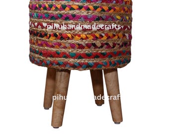Colorful Cotton Jute Footrest Stool - 14x14x18 Inch Round Ottoman