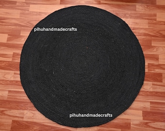 Hand Braided Black Jute Rug: Round Indoor Outdoor Area Rug