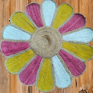 Alfombra de yute trenzada a mano: flores multicolores, tamaño personalizado