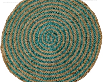 Sky Blue Jute Rug: Hand Braided Round Rug for Home Decor