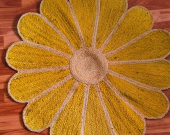 Flower Shape Yellow Jute Rug, Hand Braided Rug, Custom Size Rug, Jute Rug For Home and Living Room Decor, Indoor Outdoor Rug, Round Area Rug