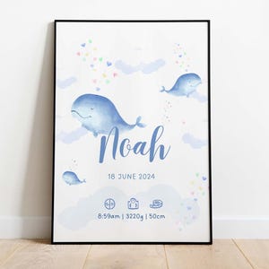 Póster de nacimiento personalizado – Imagen de bebé con acuarela de ballena y nombre – Regalo de nacimiento – Decoración infantil – DIN A4 a DIN A1