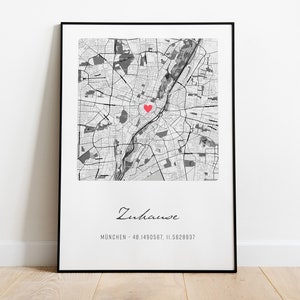 Personalisiertes "Zuhause" Poster | Schwarz-Weiß Design mit Koordinaten und Herzmarkierung | Wählbarer Kartenausschnitt | Digitaler Download