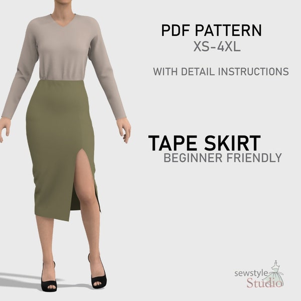 Tape skirt with front slit opening PDF sewing pattern, XXS to XXXXL, instant download.