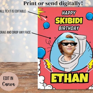 Grafica per toilette Skibidi Rizz. Per biglietti di compleanno per bambini, poster, inviti, Natale o qualsiasi occasione. Modello modificabile Canva. Gen Alpha Slang