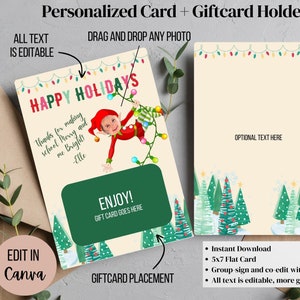 Wkładka do twarzy elf Christmas Card z uchwytem na karty upominkowe. Świetna dla nauczycieli! W pełni edytowalny 5x7, niestandardowy szablon Canva do samodzielnego wydruku ze zdjęciem