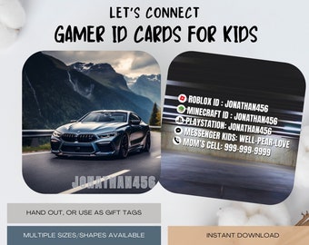 Gamer ID / Playdate Card for Kids. Party favor loot bag tags. Let kids stay connected with friends! Fully customizable printable. Car theme