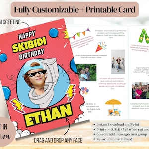 Aangepaste Skibidi Rizz-toiletkaart. Voor kinderverjaardag, programma, uitnodiging, bewerkbare Canva-sjabloon. Direct downloaden en afdrukken, Gen Z Alpha Slang