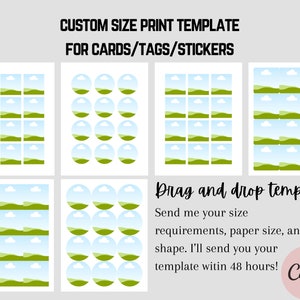 Plantilla de impresión de tamaño personalizado para tarjetas, etiquetas, calcomanías digitales, etc. Arrastra y suelta. Pulgadas o centímetros. Realizada en Canva.