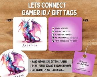 Gamer ID / Playdate Card for Kids, Party favor loot bag tags. Let kids stay connected with friends online! Fully customizable printable.