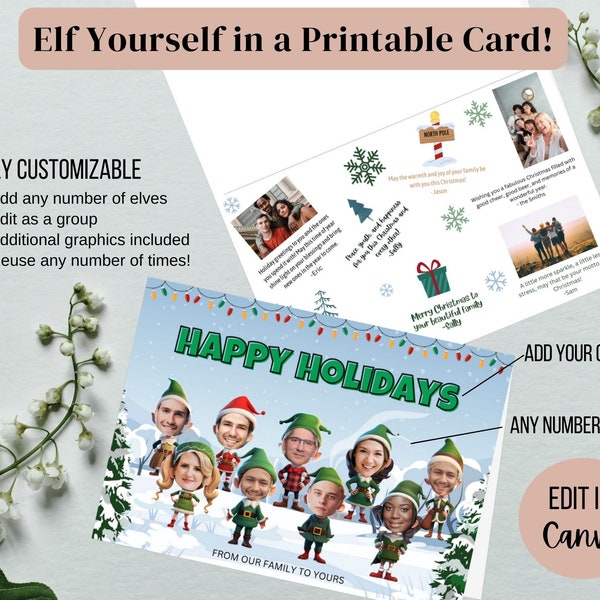 Elf Yourself Group Christmas Card - Prints on 8.5x11. Instant download, Group e-sign great for remote teams &same day print! Unlimited faces