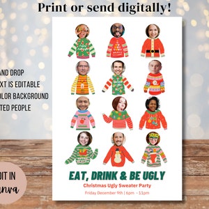 Sjabloon voor lelijke kersttrui met gezichtsinzet. Afdrukken of verzenden via sms of e-mail. Volledig bewerkbaar, aangepaste foto, cupcaketoppers