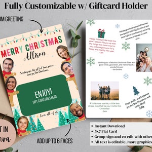 May include: A customizable Christmas card template with a green and red "Merry Christmas" greeting, a gift card holder, and space for up to six photos. The card features a festive design with lights, trees, and snowflakes. The text "Edit in Canva" and "Add up to 6 faces" is included.