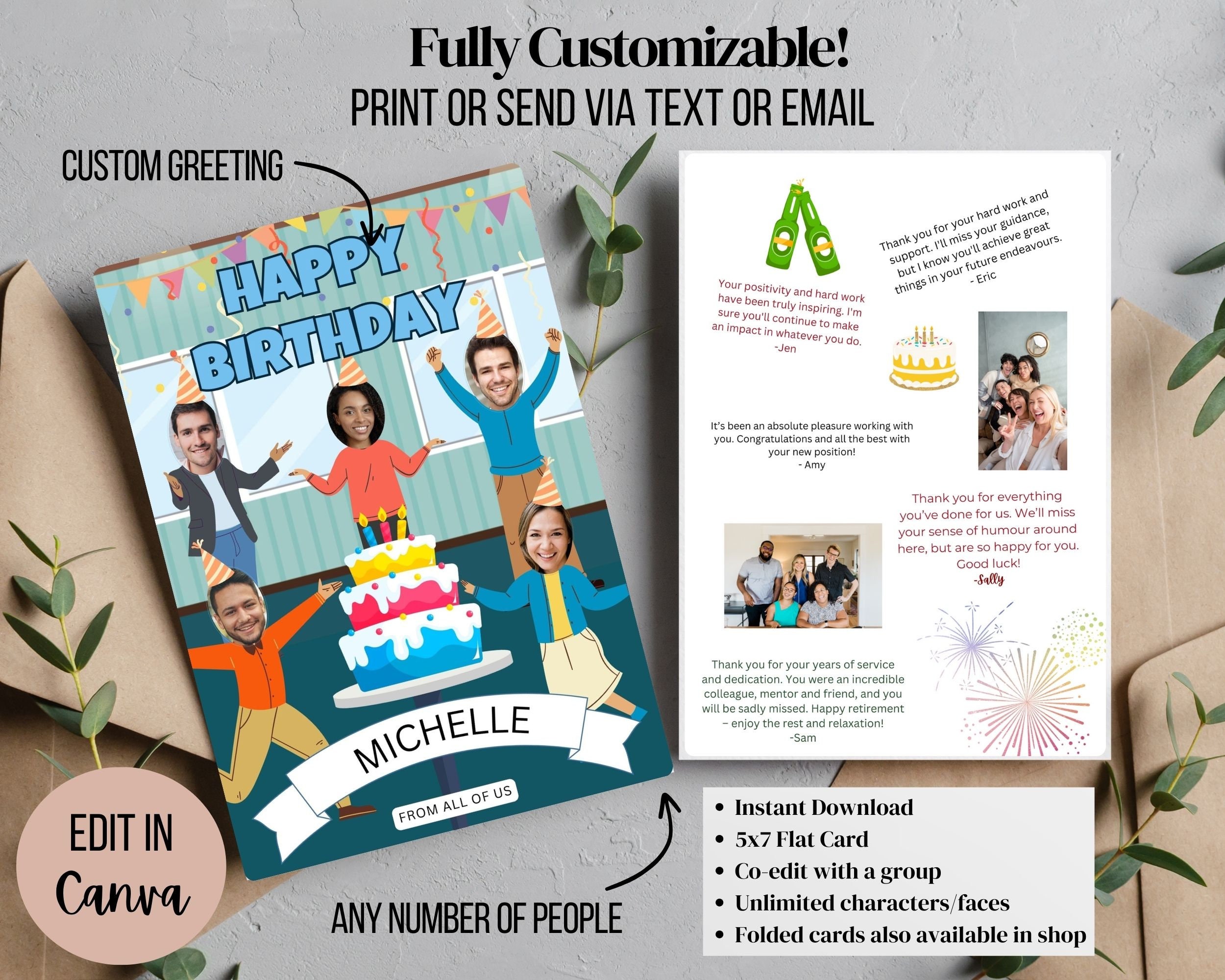 Design Your Own Group Card. Any Occasion. group signing. Birthday, Farewell, Canva editable template. Perfect for remote teams, rush print
