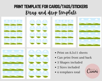 Print guide template for 2 - 2.5 inch Card or tag. Round, Square, Round-edge- Print front & back drag and drop. Sheet Digital Stickers canva