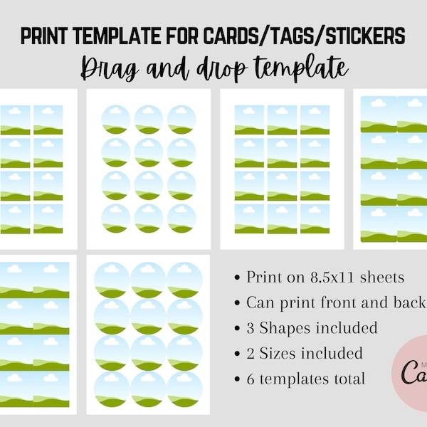 Print guide template for 2 - 2.5 inch Card or tag. Round, Square, Round-edge- Print front & back drag and drop. Sheet Digital Stickers canva