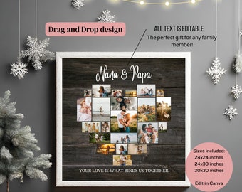 Fully Editable Heart Photo Collage Wall Art. Great gift for Grandparents Mom Dad, Family. Canva Digital Template. Instant download, reusable