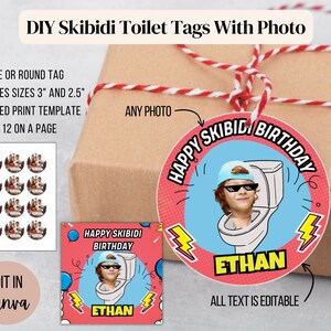 DIY Skibidi-toiletlabel of -label voor kinderen Verjaardagsbedankjes, cadeauzakje buitcupcaketopper. Canva-sjabloon. Gen Alpha-jargon. Fotoinzetstuk