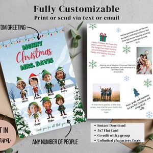 May include: A customizable Christmas card with a festive design featuring elves and a winter scene. The card includes a greeting that says "Merry Christmas Mrs. Davis" and has space for adding names and photos. The card is available for instant download and can be edited with a group.