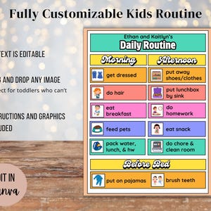 May include: A children's daily routine chart with the text "Fully Customizable Kids Routine." The chart is divided into morning, afternoon, and before bed sections, with illustrated tasks like getting dressed and eating breakfast. The text "Edit in Canva" is also visible.