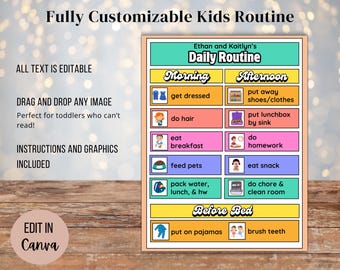 Customizable Kids Routine Printable for Back To School. Daily chore chart poster, morning afternoon evening. Edit in Canva.