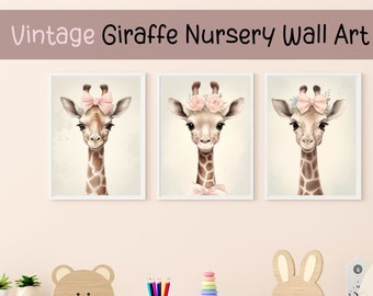 Set of 3 Printable Giraffe Vintage Nursery Wall Art | Animal Nursery Decor | Kids Baby Animal Poster | INSTANT DIGITAL DOWNLOAD