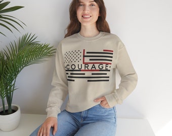 Sand Patriotic Sweatshirt - Courage American Flag Design, Red White and Blue Design, USA Themed Clothing, Unisex Crewneck Sweatshirt