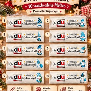 Aufdruck: "Oh (Du) fröhliche Weihnachtszeit" in anthrazit mit Wichteln, 10 verschiedene Motive in blau, Filztäschchen für Duploriegel o.ä.