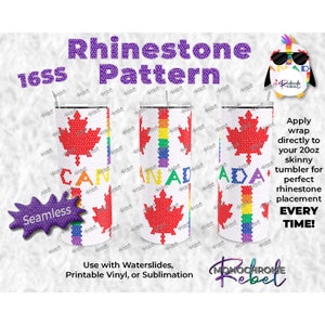 Puede incluir: Un patrón de diseño digital para un vaso delgado de 20 onzas con una bandera canadiense con una franja de arcoíris en el lateral. El diseño es sin costuras y se puede utilizar con diapositivas de agua, vinilo imprimible o sublimación. El texto "1655" y "Seamless" también está incluido en el diseño.