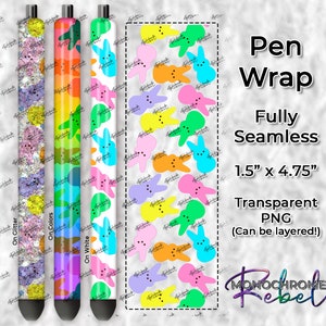 May include: Three different designs for pen wraps featuring a pattern of colorful Peeps marshmallow candies. The designs are on glitter, on colors, and on white. The wraps are 1.5 inches by 4.75 inches and are transparent PNG files.