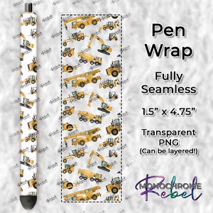 Yellow Construction Vehicles Trucks Crane Backhoe Excavator Cement Mixer Grader Working Seamless Transparent Pen Wrap Digital Design PNG
