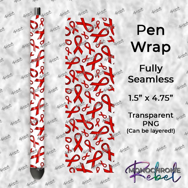 Stroke / Heart Disease / HIV/AIDS / Addiction / Congenital Heart Defect Awareness Red Ribbon Seamless Transparent Pen Wrap Digital PNG