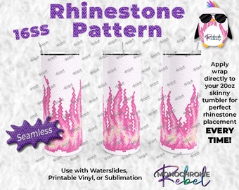 May include: A digital design pattern for a 20 ounce skinny tumbler featuring a pink and white flame design. The design is seamless and can be used with waterslides, printable vinyl, or sublimation. The text "Rhinestone Pattern 16ss" is at the top of the image. The text "Seamless" is in a purple circle at the bottom left of the image. The text "Apply wrap directly to your 20oz skinny tumbler for perfect rhinestone placement EVERY TIME!" is on the right side of the image. The text "Monochrome Rebel" is at the bottom right of the image.
