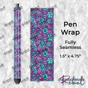 May include: A seamless pen wrap with a colorful floral pattern in shades of pink, purple, and teal. The wrap is 1.5 inches by 4.75 inches.