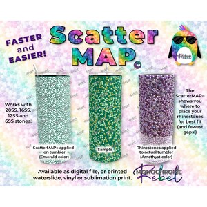 May include: A digital scatter map for placing rhinestones on a tumbler. The map shows the placement of 20SS, 16SS, 12SS, and 6SS stones. The image shows three tumblers with different colored rhinestones: emerald green, light green, and amethyst purple.