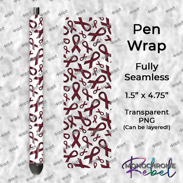 Multiple Myeloma / Disabled Adults / Migraines / Brain Aneurysms Burgundy Wine Ribbon Seamless Transparent Pen Wrap Digital Design PNG