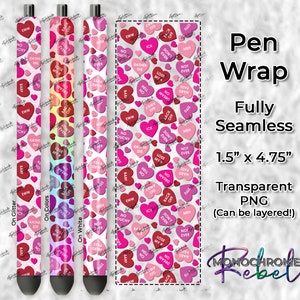 Puede incluir: Tres envoltorios para bolígrafos con temática de San Valentín. Los envoltorios presentan un patrón repetido de corazones rosas y rojos con diversas frases, como "EWW", "No", "Ni siquiera", "Pierde mi", "Infierno no", "Nunca", "Ick", "Más bien morir", "Vete", "Sueña lejos", "Ve", "Pasado duro", "Meh", y "Sin ducado". Los envoltorios miden 3,8 cm de ancho y 12,1 cm de largo.