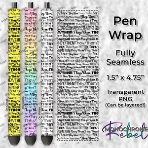May include: A digital pen wrap design featuring the text "They/Them" repeated in black on a white background. The design is seamless and comes in three color variations: yellow, light blue, and white. The design is 1.5 inches by 4.75 inches and is a transparent PNG file.